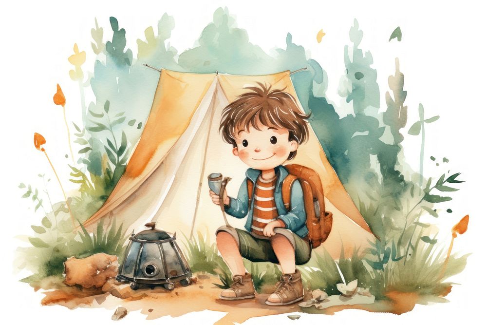 Boy camping outdoors tent cute. AI generated Image by rawpixel.