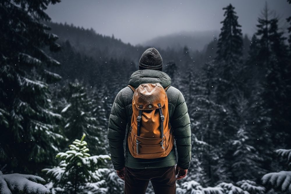 Man in snow storm adventure backpack winter. AI generated Image by rawpixel.
