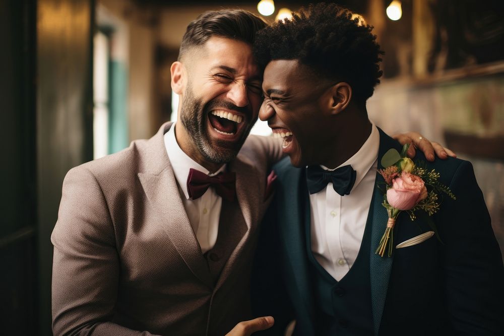 A gay couple at wedding party cheerful laughing portrait. AI generated Image by rawpixel.