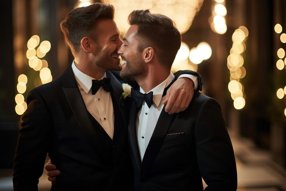 A gay couple at wedding party cheerful portrait kissing. AI generated Image by rawpixel.