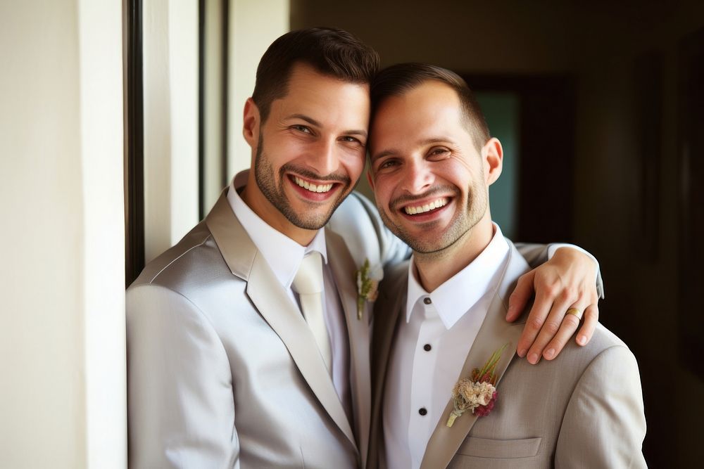 A gay couple at wedding party smile cheerful portrait. AI generated Image by rawpixel.
