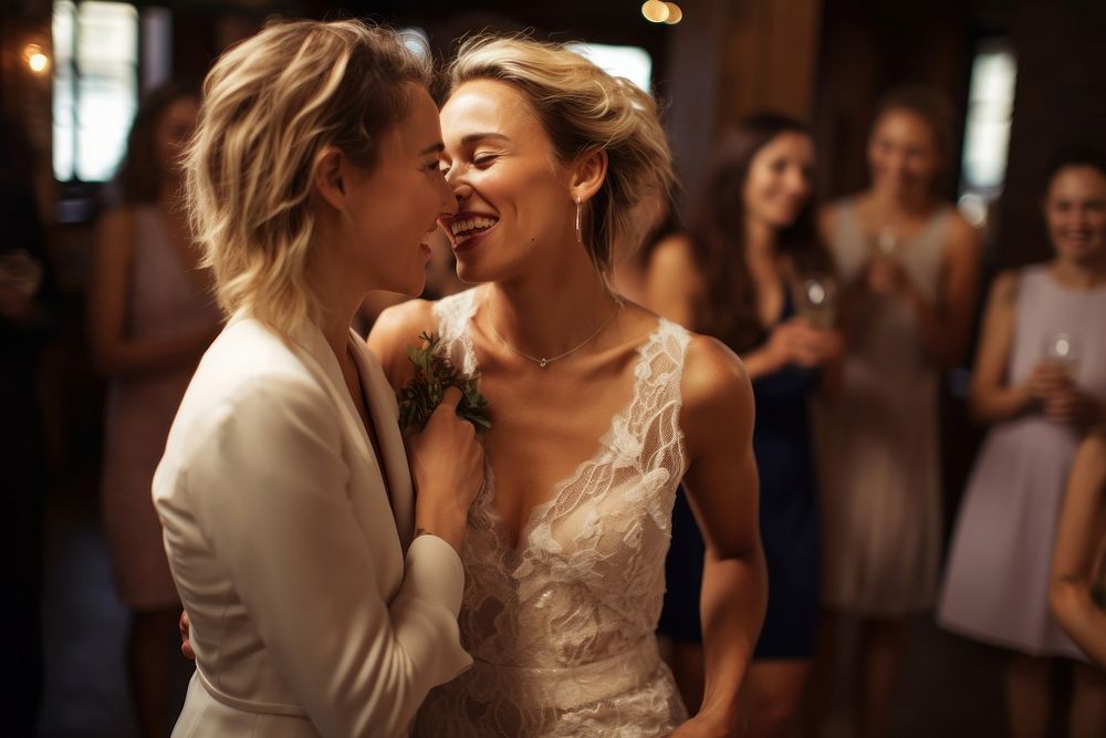 A lesbian couple at wedding party cheerful laughing adult. AI generated Image by rawpixel.