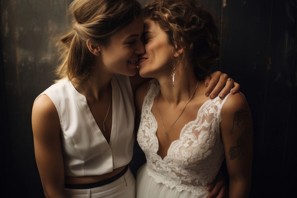 A lesbian couple at wedding party portrait jewelry kissing. AI generated Image by rawpixel.