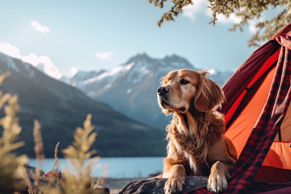 Dog with camping tent pet adventure mountain. AI generated Image by rawpixel.