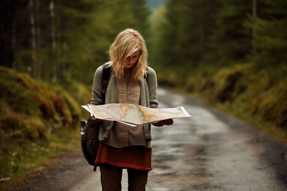 Woman with a map forrest reading outdoors. AI generated Image by rawpixel.