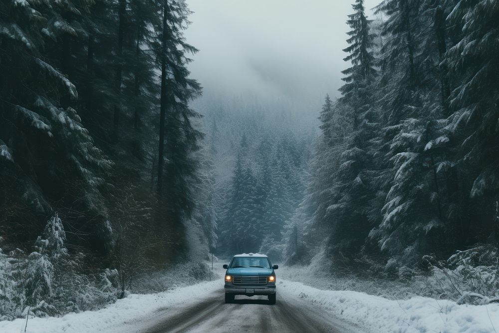 Snow forrest car outdoors vehicle. 