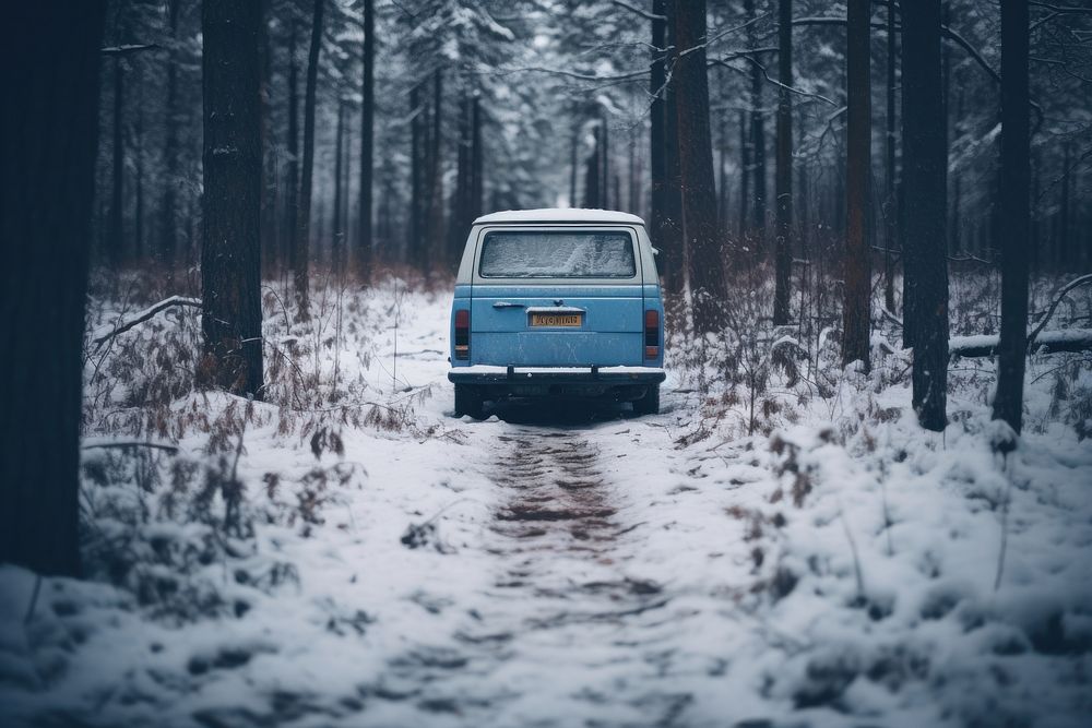 Snow forrest car vehicle transportation. AI generated Image by rawpixel.