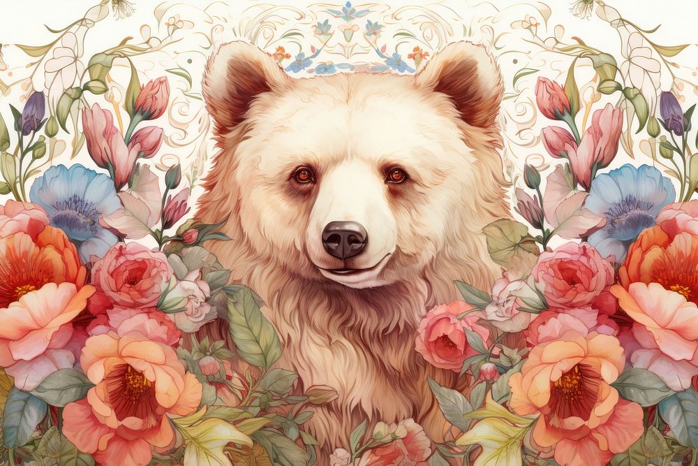 Bear flower painting pattern. AI generated Image by rawpixel.