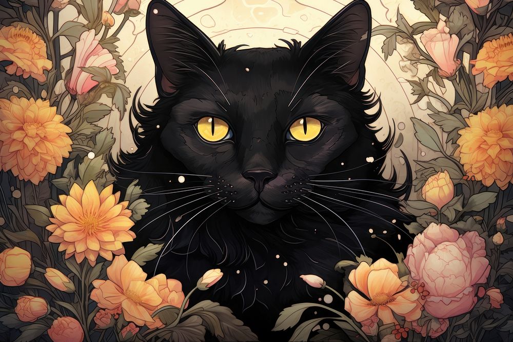 Black cat animal mammal flower. 