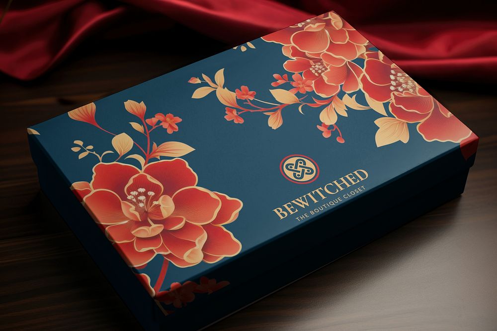 Chinese floral blue box mockup psd
