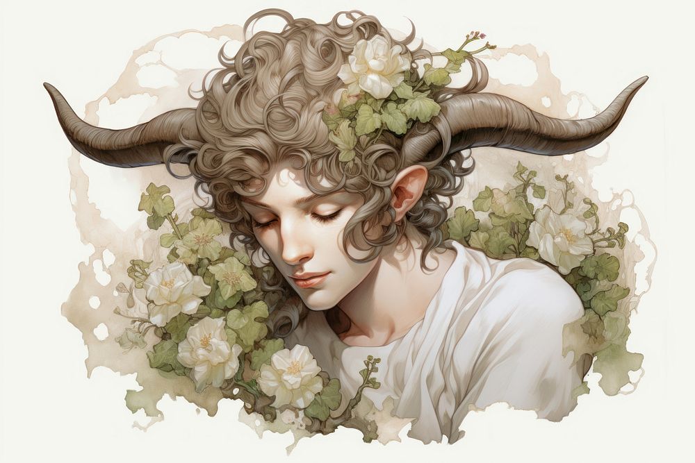 Faun portrait drawing flower. AI generated Image by rawpixel.