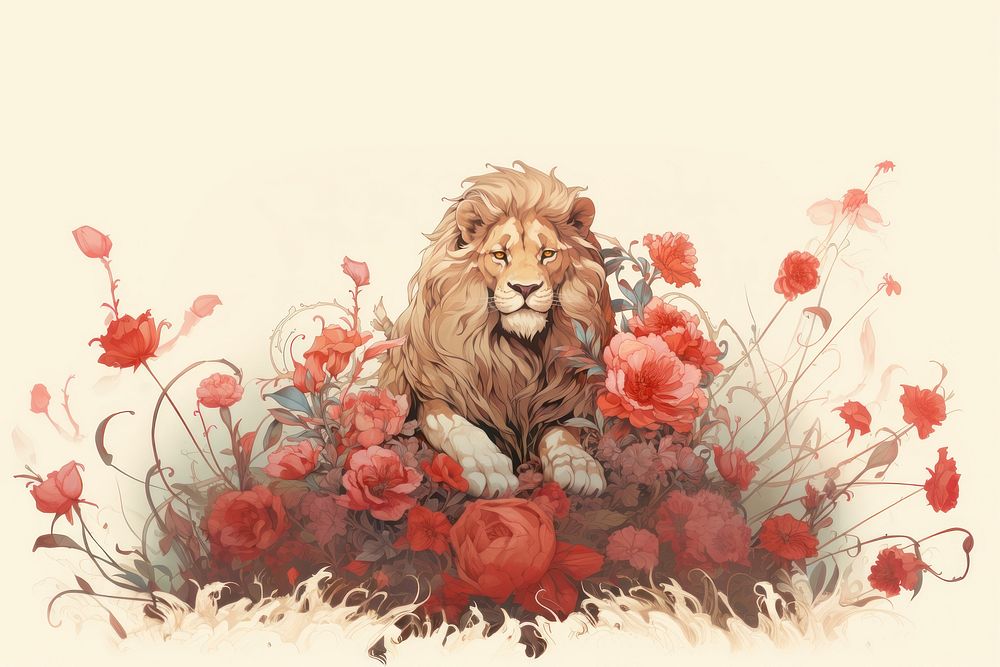 Lion flower painting mammal. AI generated Image by rawpixel.