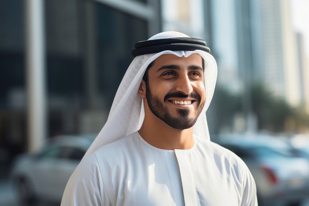 Emirati Arab at office wearing Kandura looking adult transportation. AI generated Image by rawpixel.