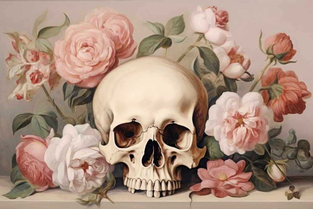Antique skull painting rose art. 