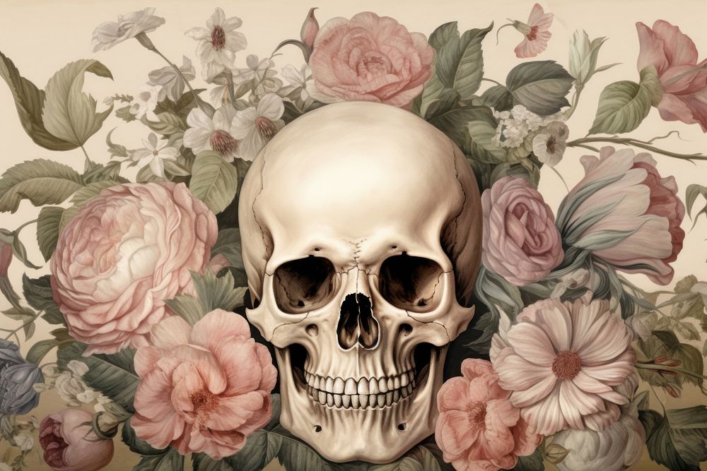Antique skull painting rose art. AI generated Image by rawpixel.