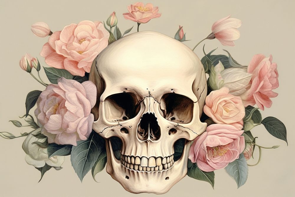 Antique skull rose art painting. AI generated Image by rawpixel.