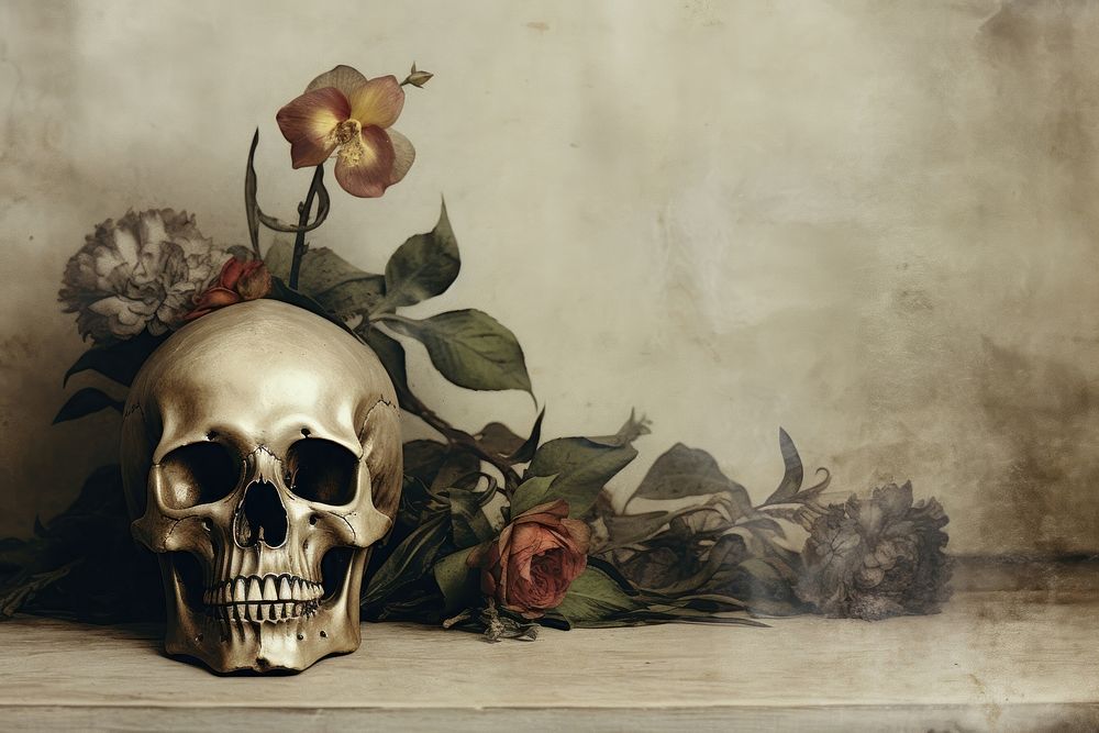 Antique skull art painting flower. AI generated Image by rawpixel.