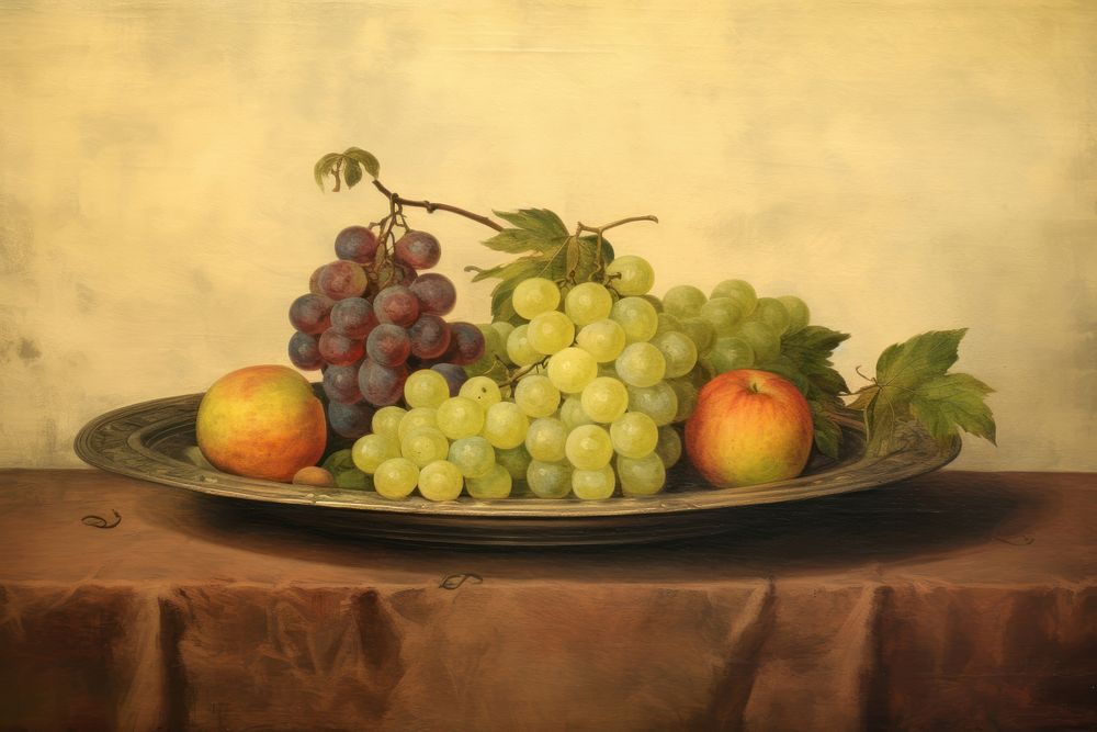 Fruits on tray painting art grapes. AI generated Image by rawpixel.