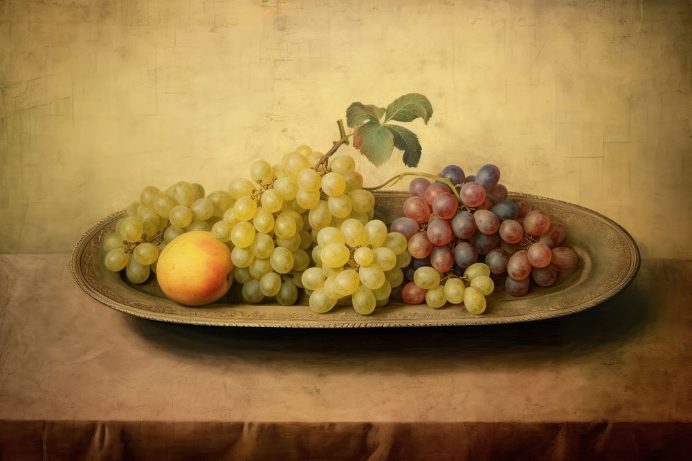 Fruits on tray painting grapes plate. AI generated Image by rawpixel.