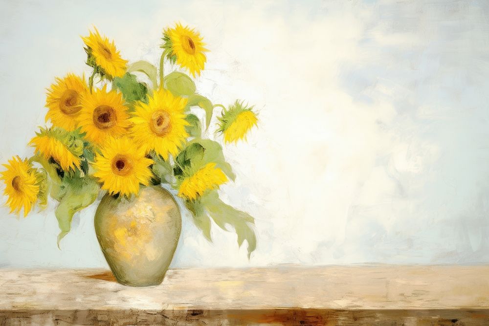 Sunflowers in vase on a table painting plant art. AI generated Image by rawpixel.