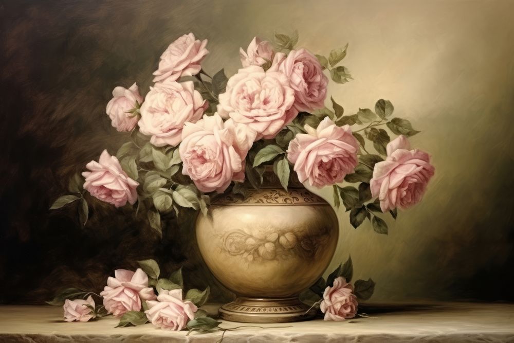 Roses in vase on a table painting art flower. 