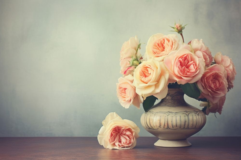 Roses in vase on a table painting flower plant. AI generated Image by rawpixel.