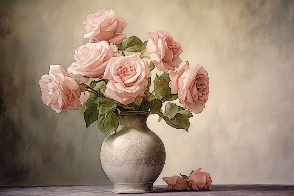 Roses in vase on a table painting art flower. 