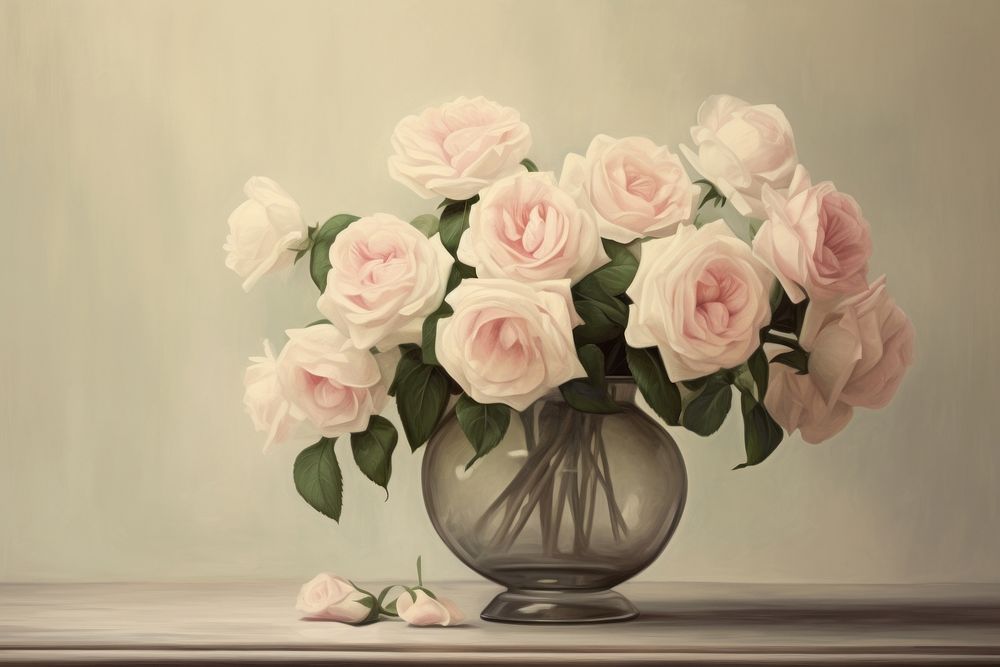 Roses in vase on a table painting flower plant. AI generated Image by rawpixel.