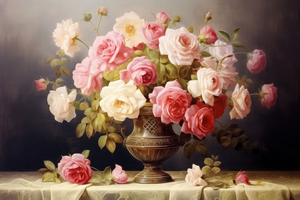 Roses vase table painting art Premium Photo Illustration rawpixel