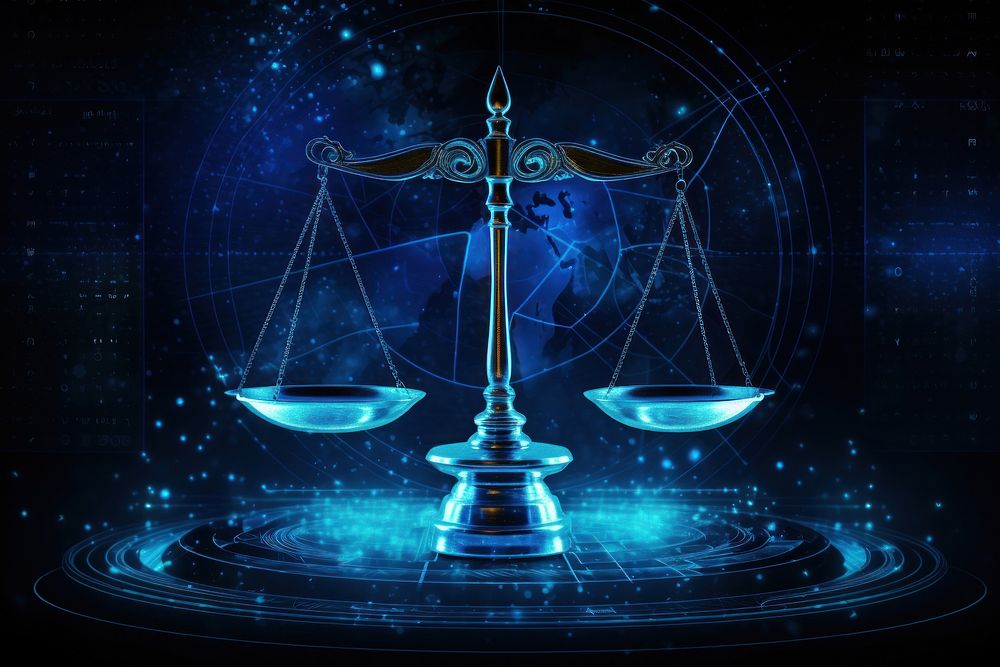 Judge scales technology glowing night. AI generated Image by rawpixel.