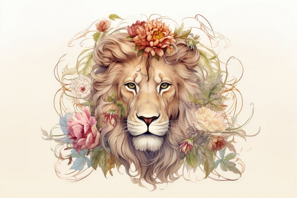 Lion flower mammal lion. AI generated Image by rawpixel.