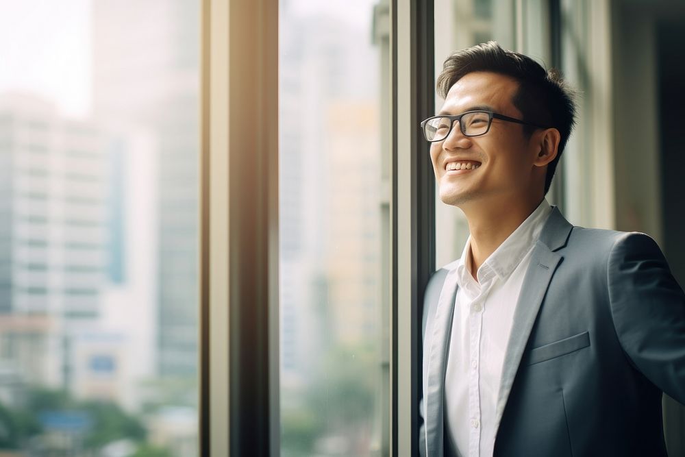 Businessman standing glasses smiling. AI generated Image by rawpixel.