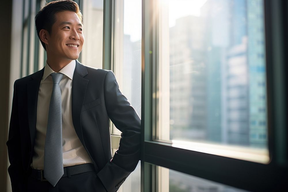 Businessman standing smiling window. AI generated Image by rawpixel.