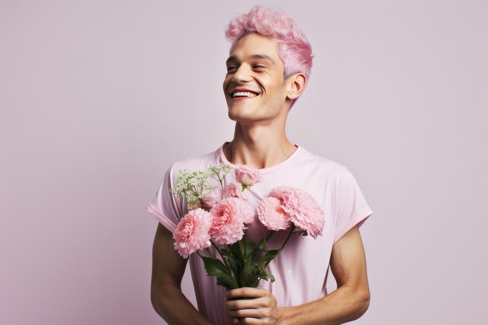 A man with pink hairs flower portrait laughing. AI generated Image by rawpixel.