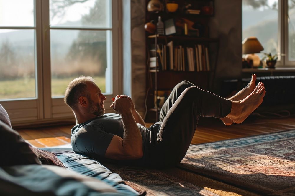 Man doing sit ups sports adult room. AI generated Image by rawpixel.