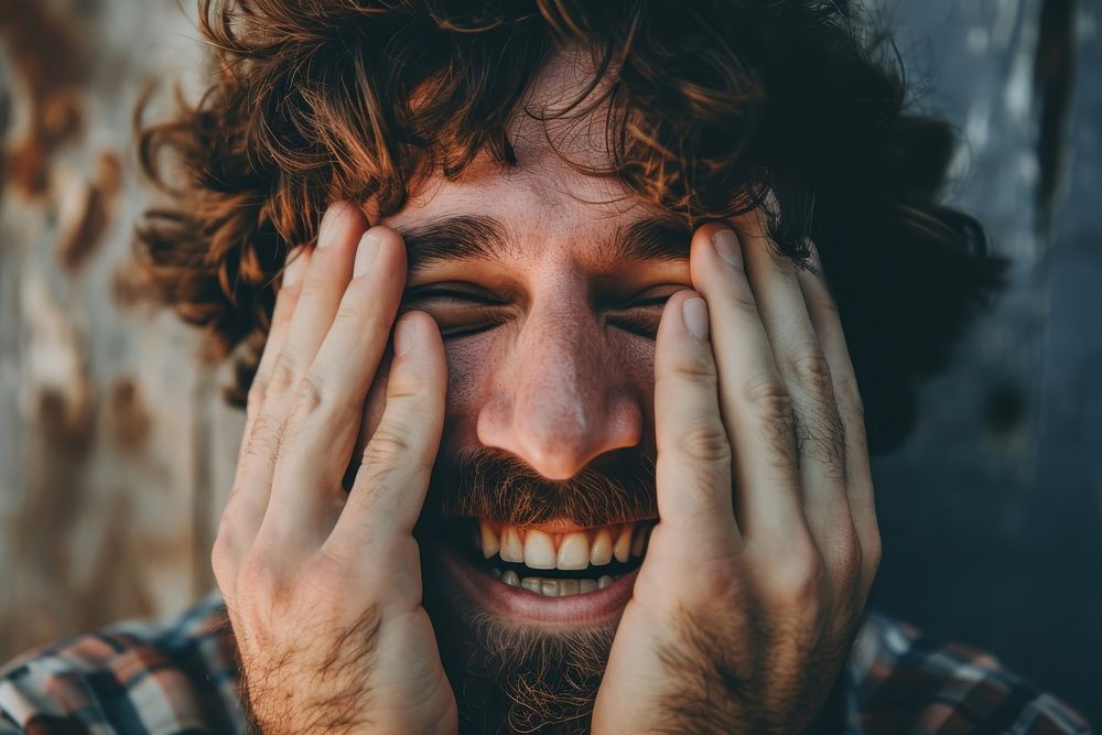 Man smiling adult happy hand. 