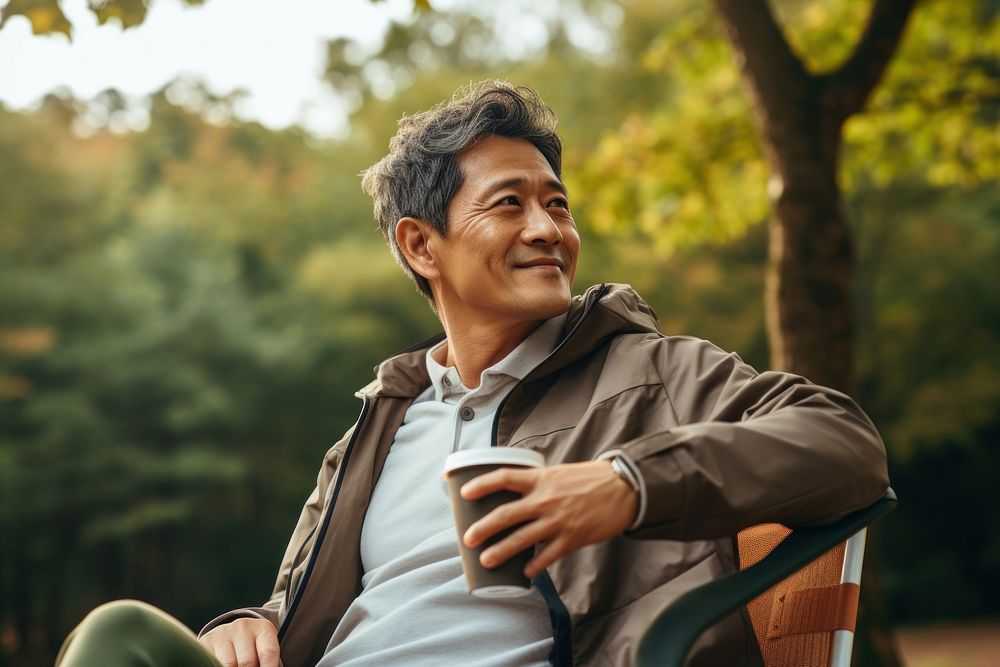 Korean man sitting smile cup. AI generated Image by rawpixel.