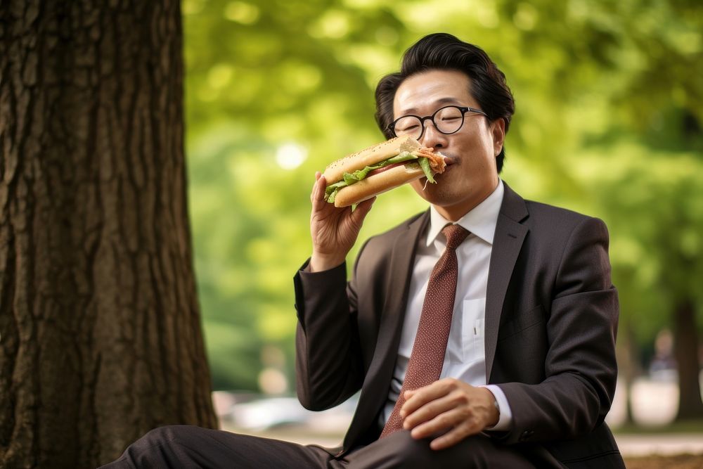 Korean man eating sandwich biting. AI generated Image by rawpixel.
