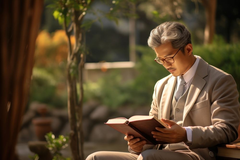 Korean man reading sitting adult. AI generated Image by rawpixel.