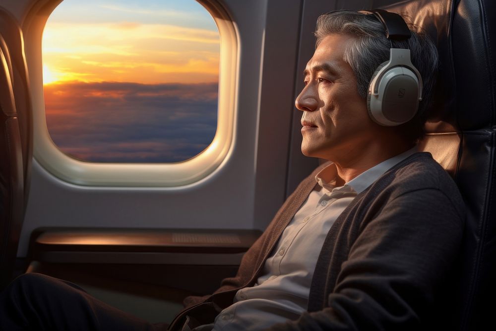 Korean man headphones airplane portrait. AI generated Image by rawpixel.