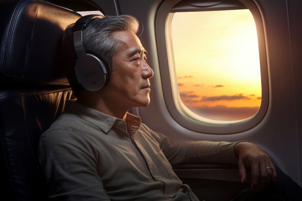 Korean man headphones airplane headset. AI generated Image by rawpixel.