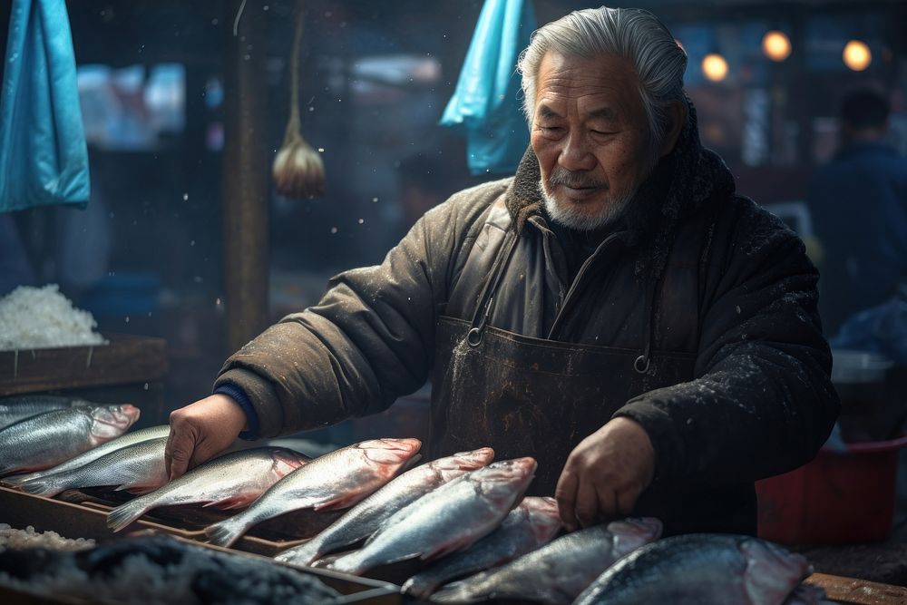 Korean merchant fish selling market. AI generated Image by rawpixel.