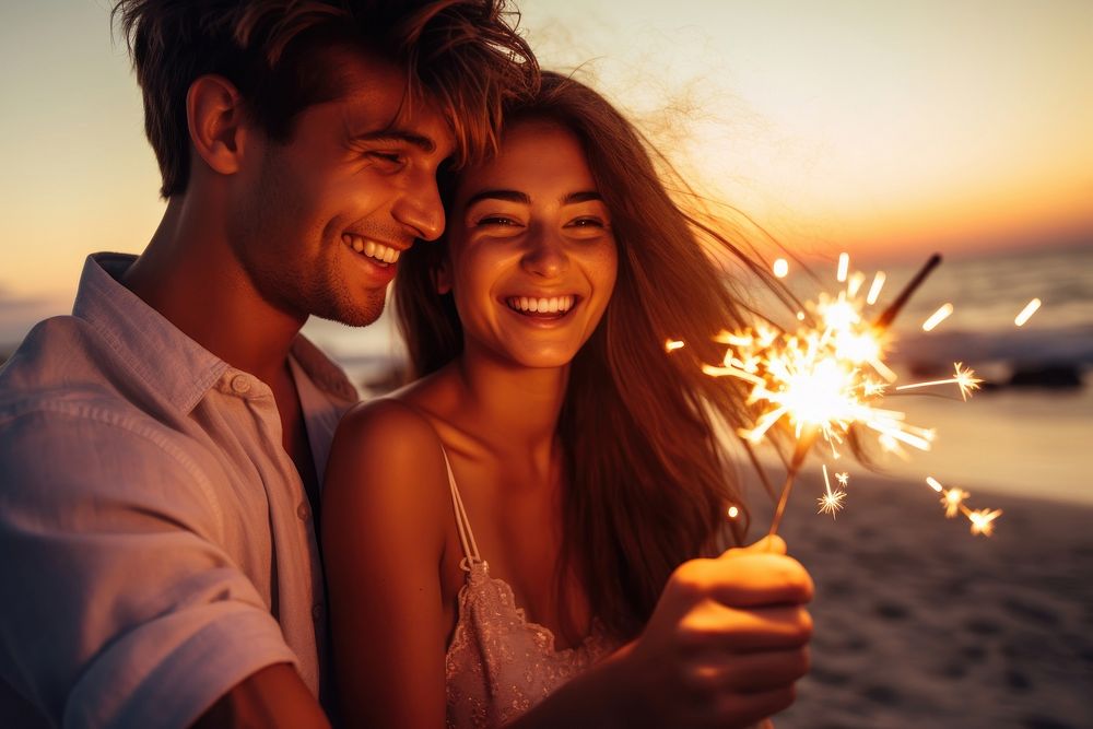Man and girl celebrate holding sparkler outdoors portrait sunset. AI generated Image by rawpixel.