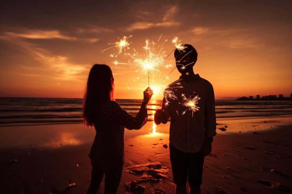 Man and girl celebrate holding sparkler outdoors sunset nature. AI generated Image by rawpixel.