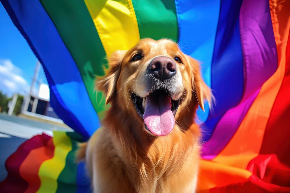 A golden retriever with rainbow flag mammal dog pet. AI generated Image by rawpixel.
