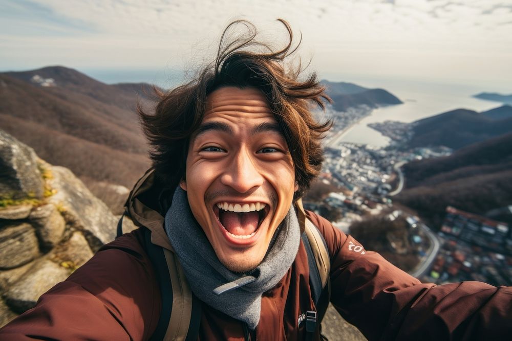 Selfie mountain laughing smiling. AI generated Image by rawpixel.