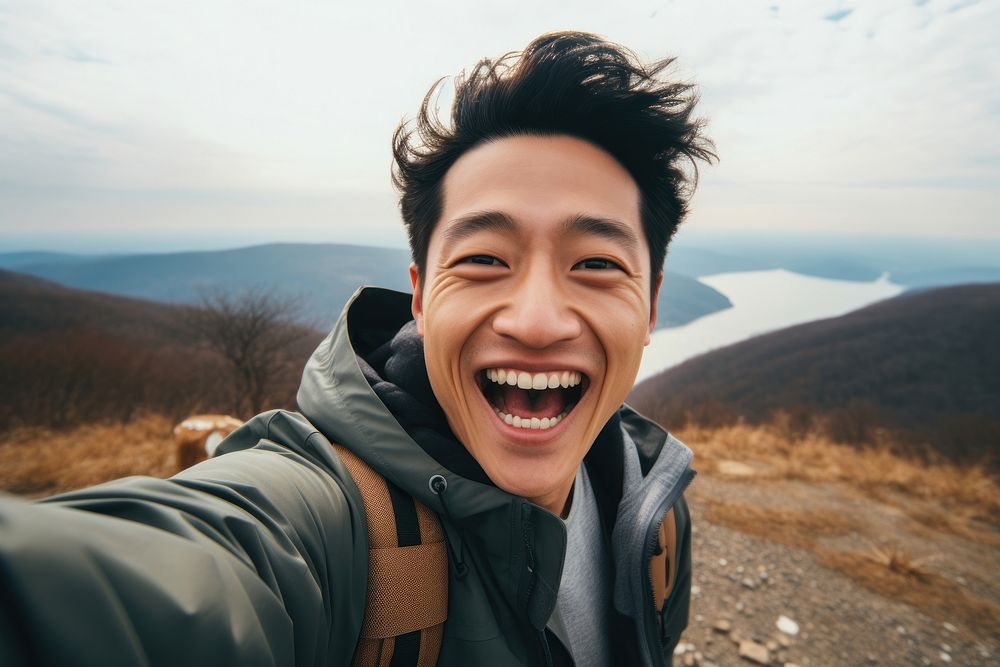 Selfie mountain smiling smile. AI generated Image by rawpixel.