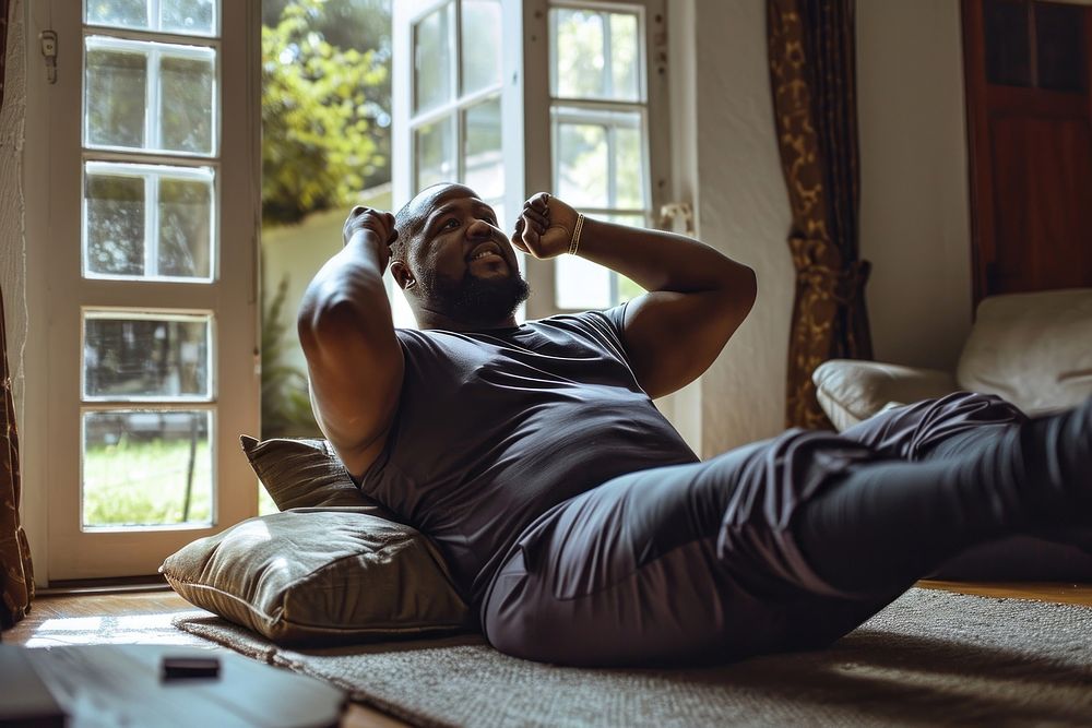 Man doing sit ups adult room contemplation. AI generated Image by rawpixel.