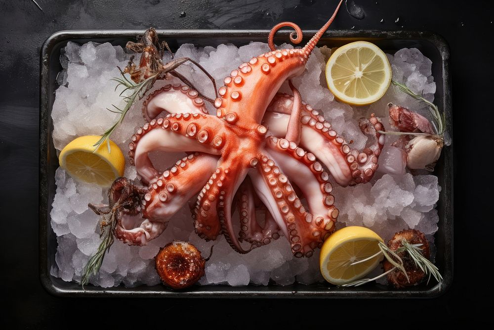Seafood on ice octopus animal fish. AI generated Image by rawpixel.