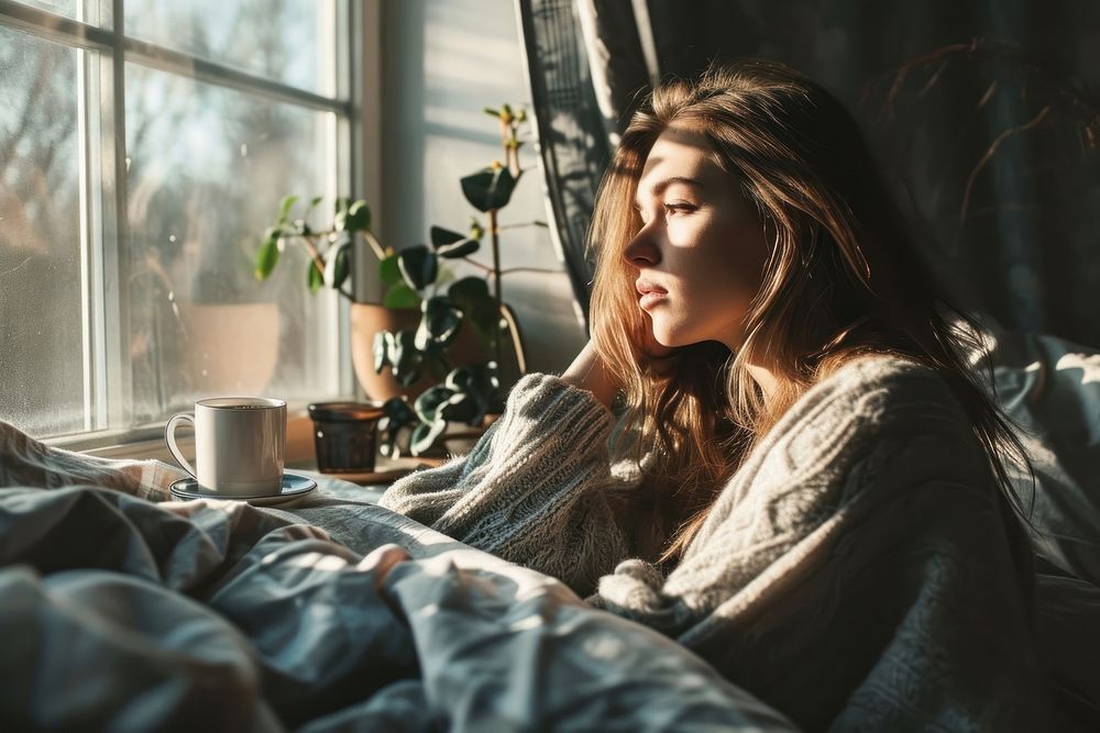 Woman waking up blanket adult cozy. AI generated Image by rawpixel.